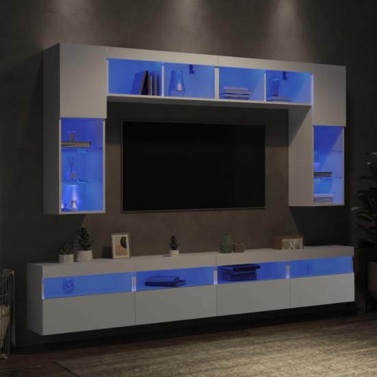 Sieninės TV spintelės su LED lemputėmis, 8vnt., baltos spalvos